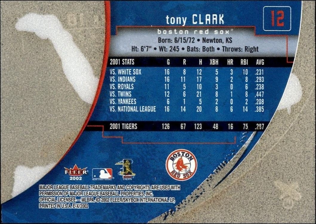 2002 Fleer E-X Tony Clark #12 baseball trading card back
