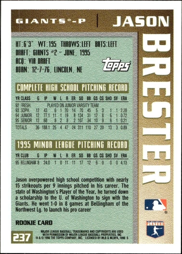 1996 Topps Jason Brester #237 baseball trading card back