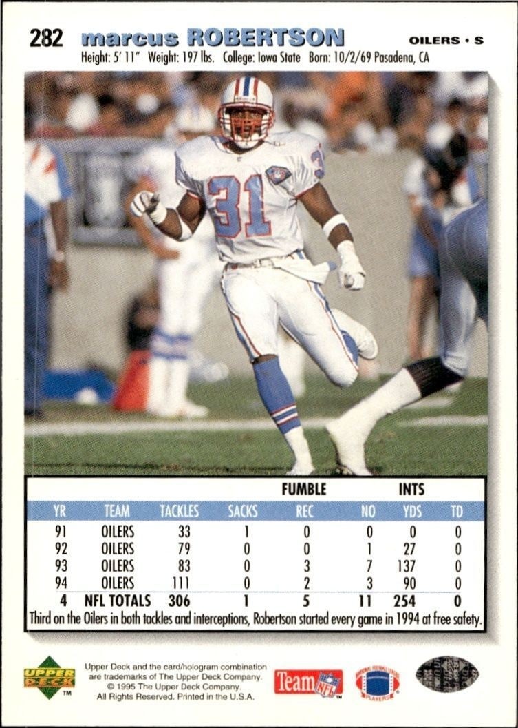 1995 Upper Deck Collector's Choice Marcus Robertson #282 football trading card back