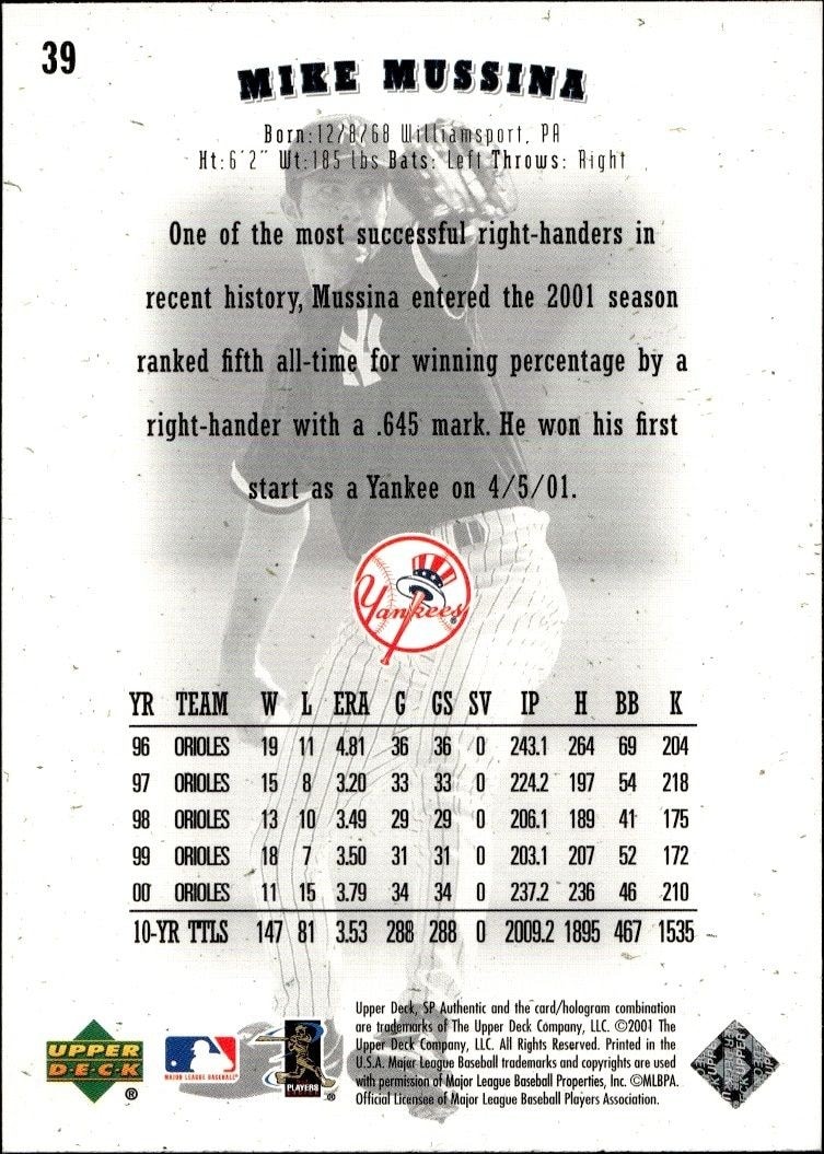2001 Upper Deck SP Authentic Mike Mussina #39 baseball trading card back