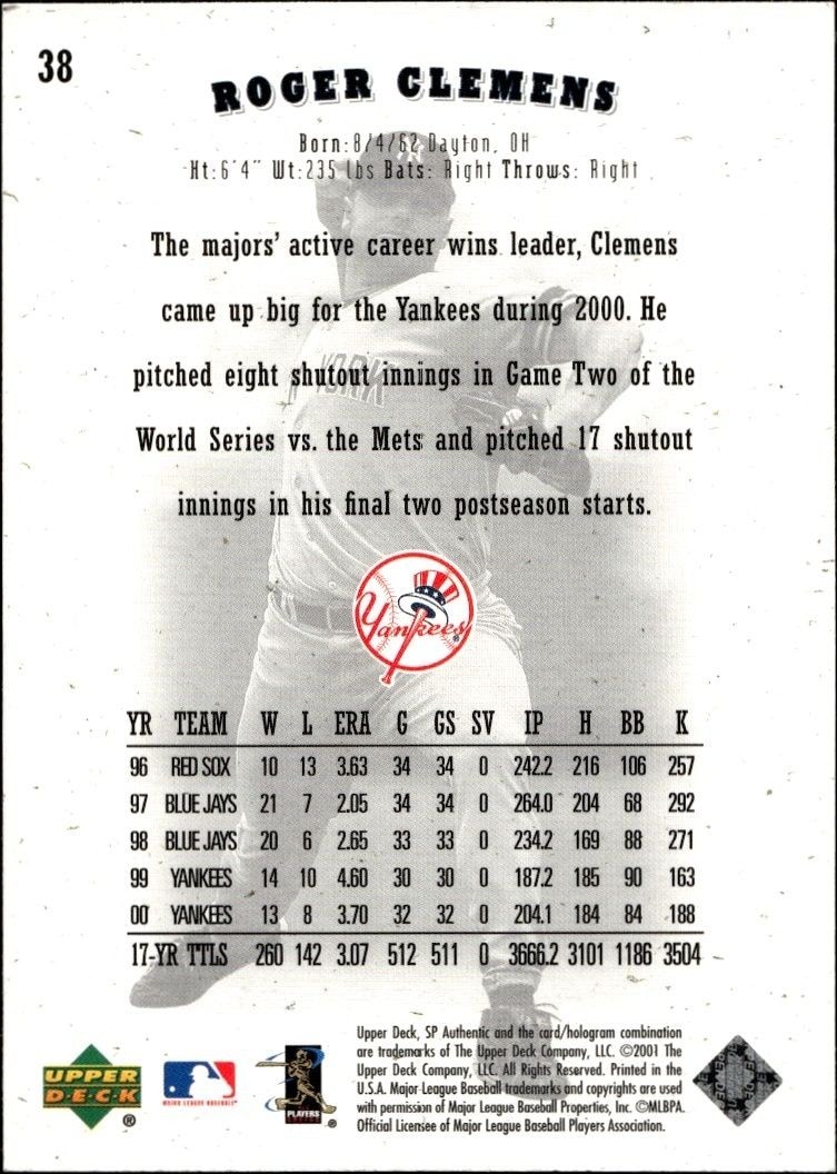 2001 Upper Deck SP Authentic Roger Clemens #38 baseball trading card back