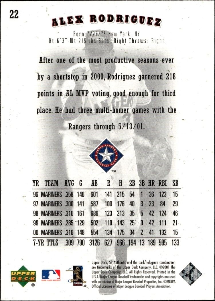 2001 Upper Deck SP Authentic Alex Rodriguez #22 baseball trading card back