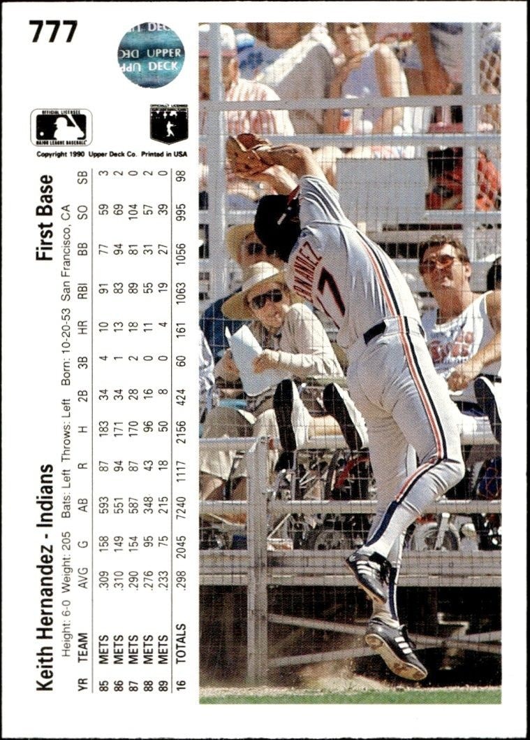 1990 Upper Deck High Number Keith Hernandez #777 baseball trading card back