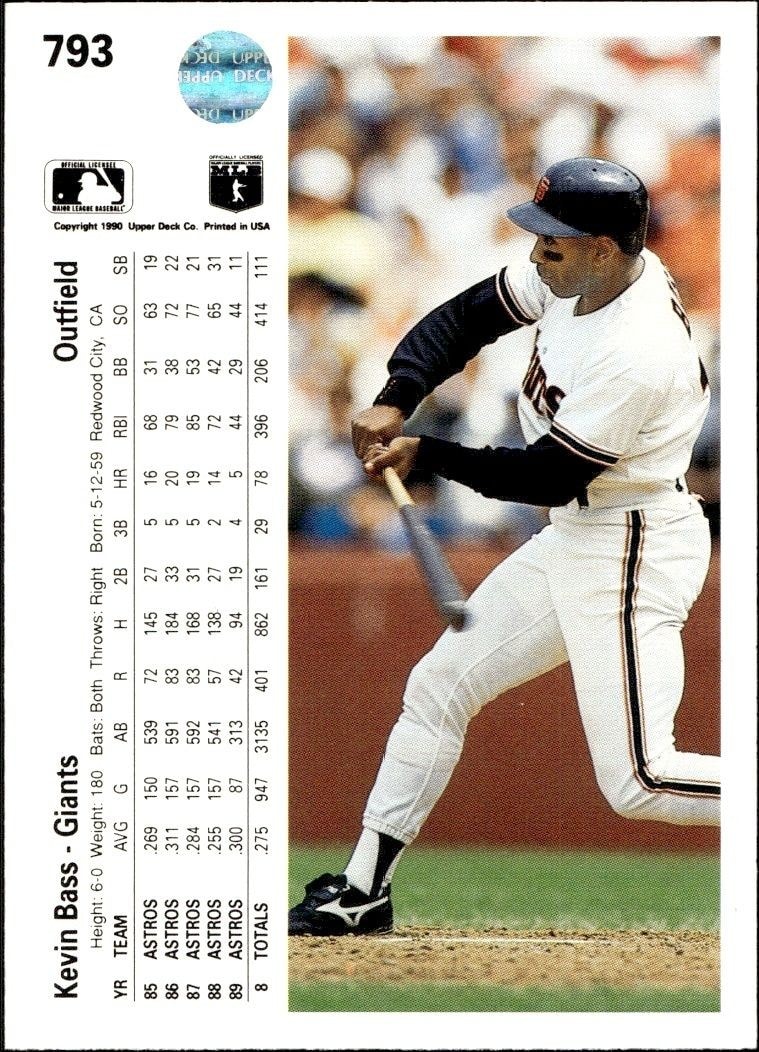 1990 Upper Deck High Number Kevin Bass #793 baseball trading card back