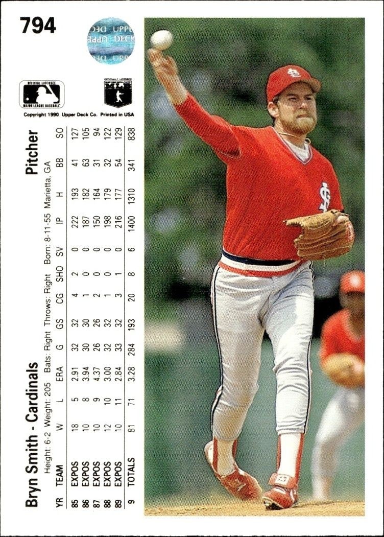 1990 Upper Deck High Number Bryn Smith #794 baseball trading card back
