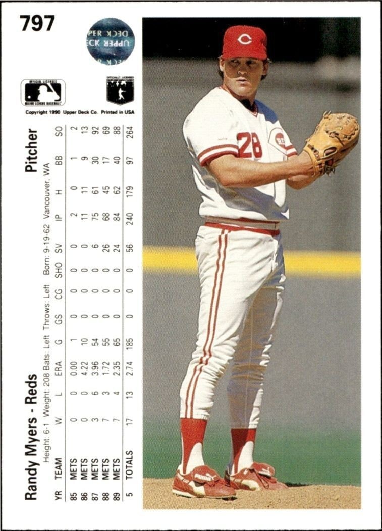 1990 Upper Deck High Number Randy Myers #797 baseball trading card back