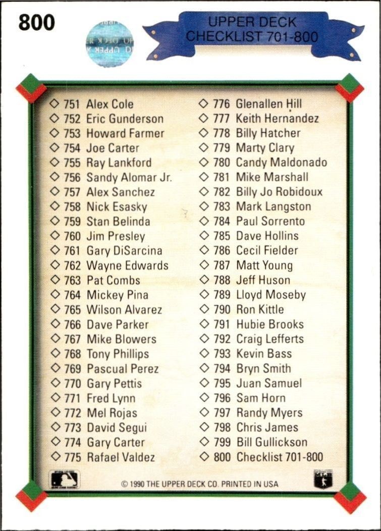 1990 Upper Deck High Number Checklist #800 baseball trading card back