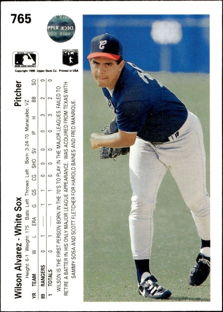1990 Upper Deck High Number Wilson Alvarez #765 baseball trading card back