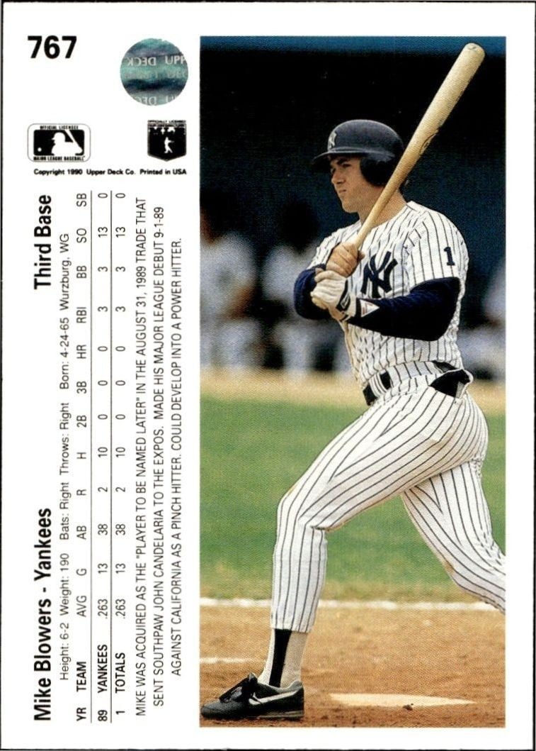 1990 Upper Deck High Number Mike Blowers #767 baseball trading card back