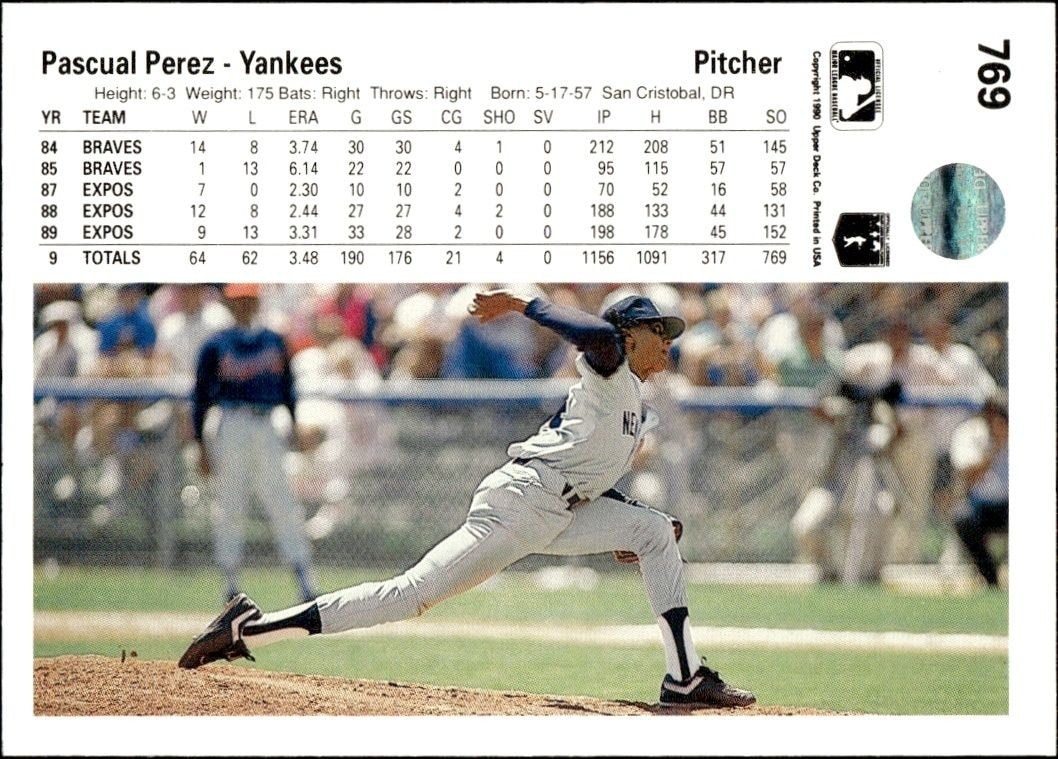 1990 Upper Deck High Number Pascual Perez #769 baseball trading card back
