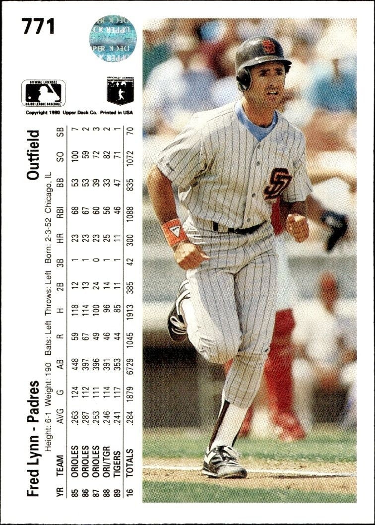 1990 Upper Deck High Number Fred Lynn #771 baseball trading card back