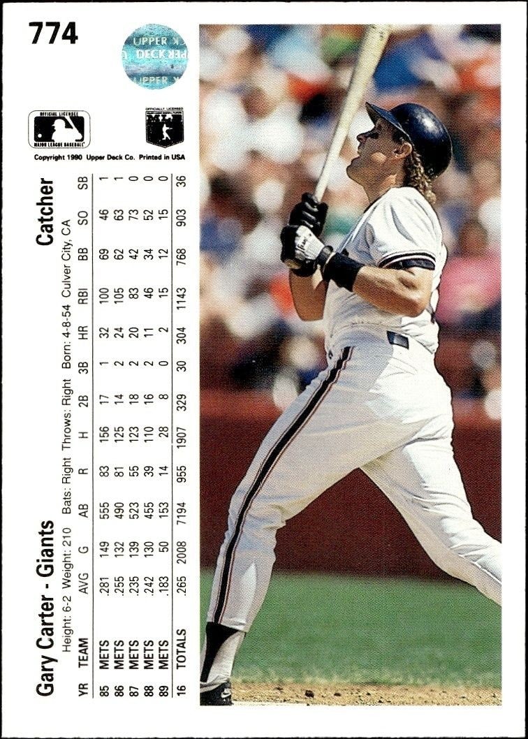 1990 Upper Deck High Number Gary Carter #774 baseball trading card back