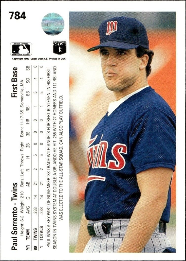 1990 Upper Deck High Number Paul Sorrento #784 baseball trading card back