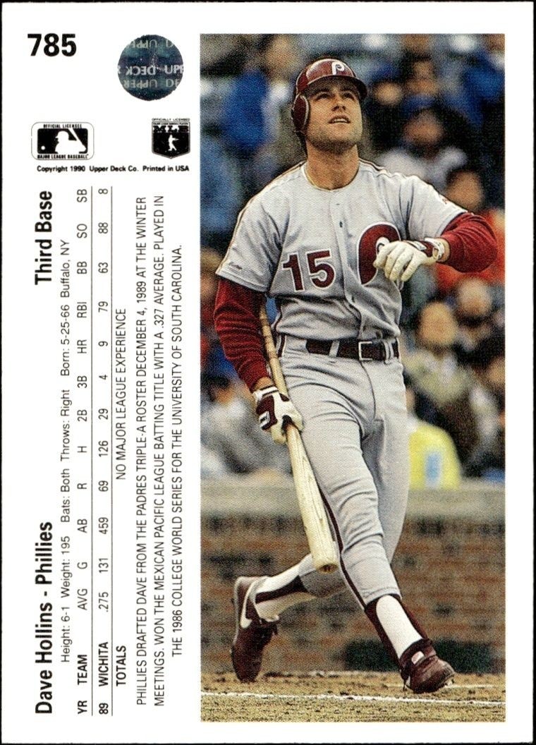 1990 Upper Deck High Number Dave Hollins #785 baseball trading card back
