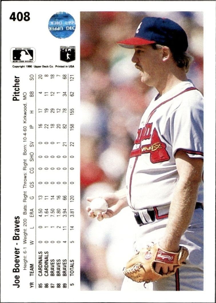 1990 Upper Deck Low Number Joe Boever #408 baseball trading card back
