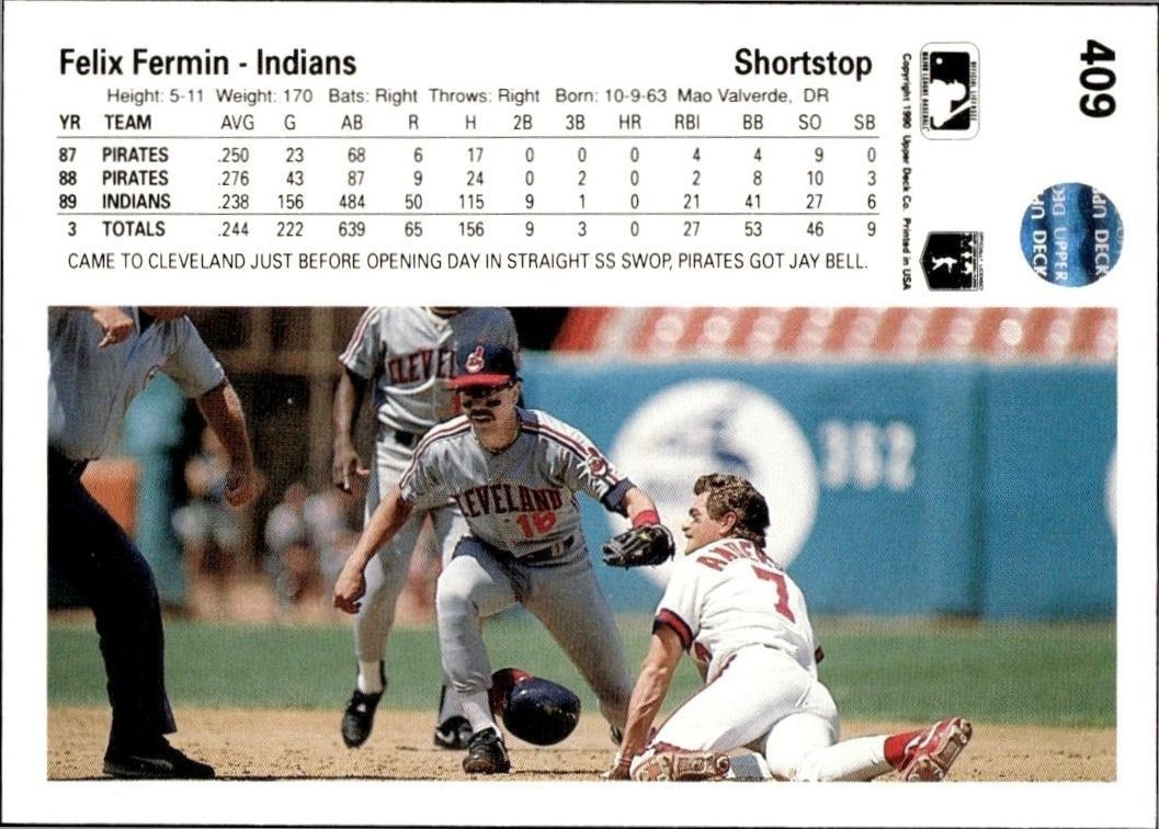 1990 Upper Deck Low Number Felix Fermin #409 baseball trading card back