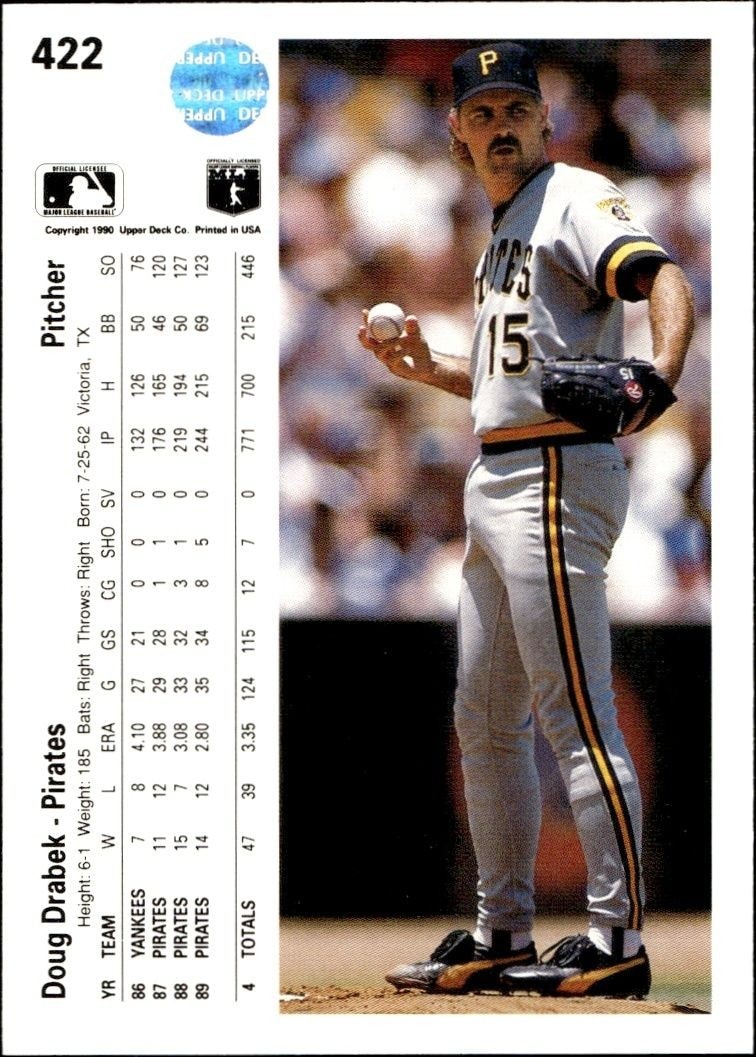 1990 Upper Deck Low Number Doug Drabek #422 baseball trading card back