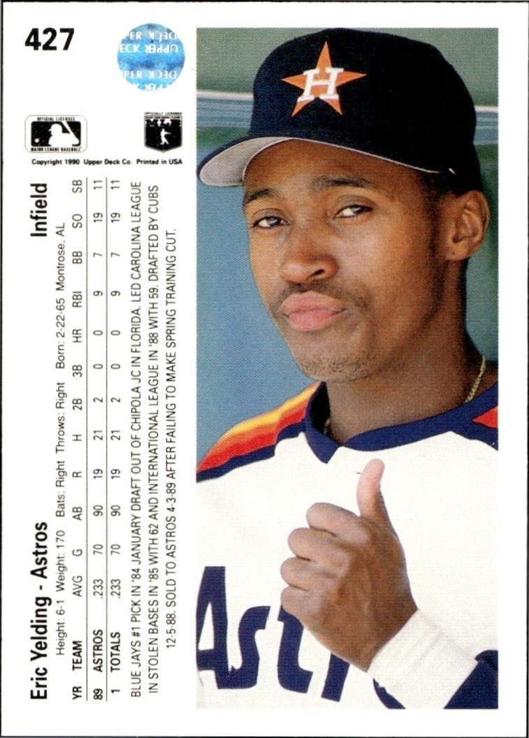 1990 Upper Deck Low Number Eric Yelding #427 baseball trading card back