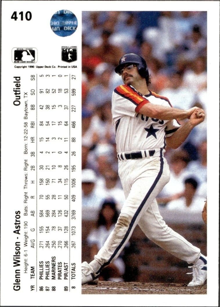 1990 Upper Deck Low Number Glenn Wilson #410 baseball trading card back