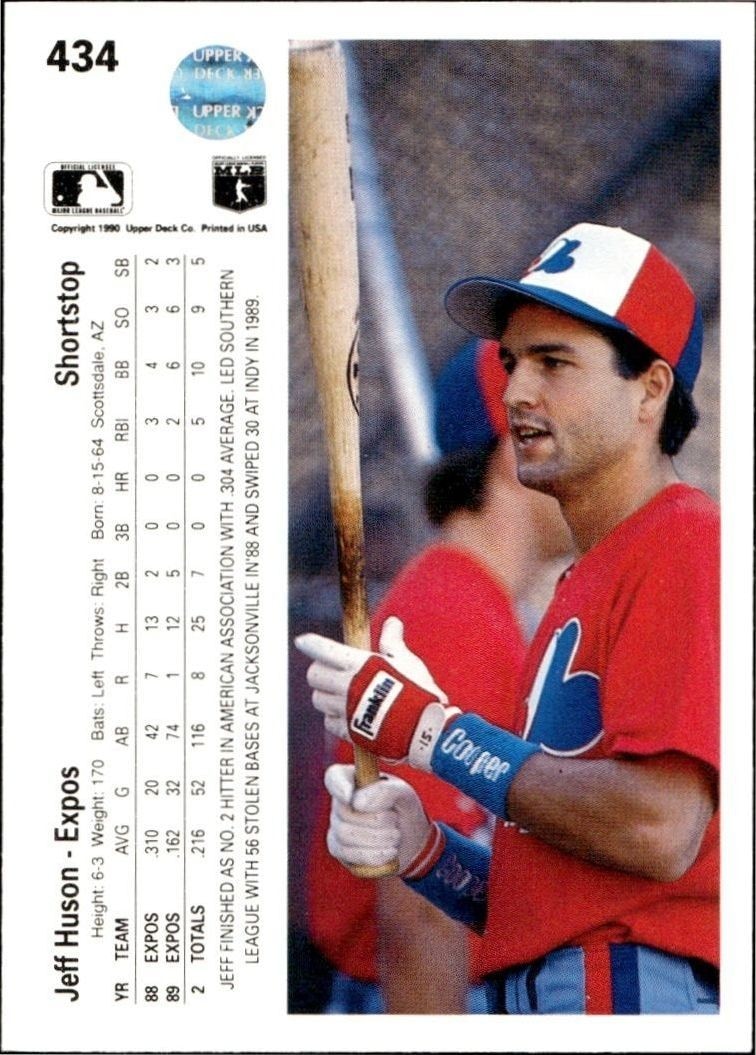 1990 Upper Deck Low Number Jeff Huson #434 baseball trading card back