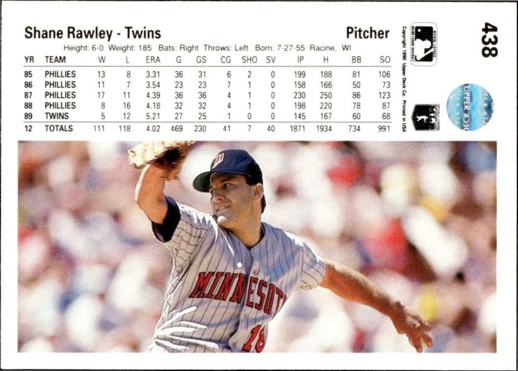 1990 Upper Deck Low Number Shane Rawley #438 baseball trading card back