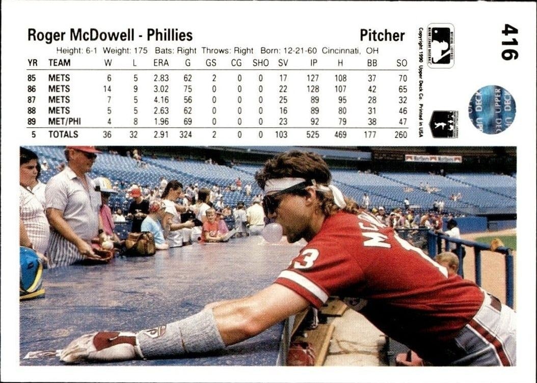 1990 Upper Deck Low Number Roger McDowell #416 baseball trading card back