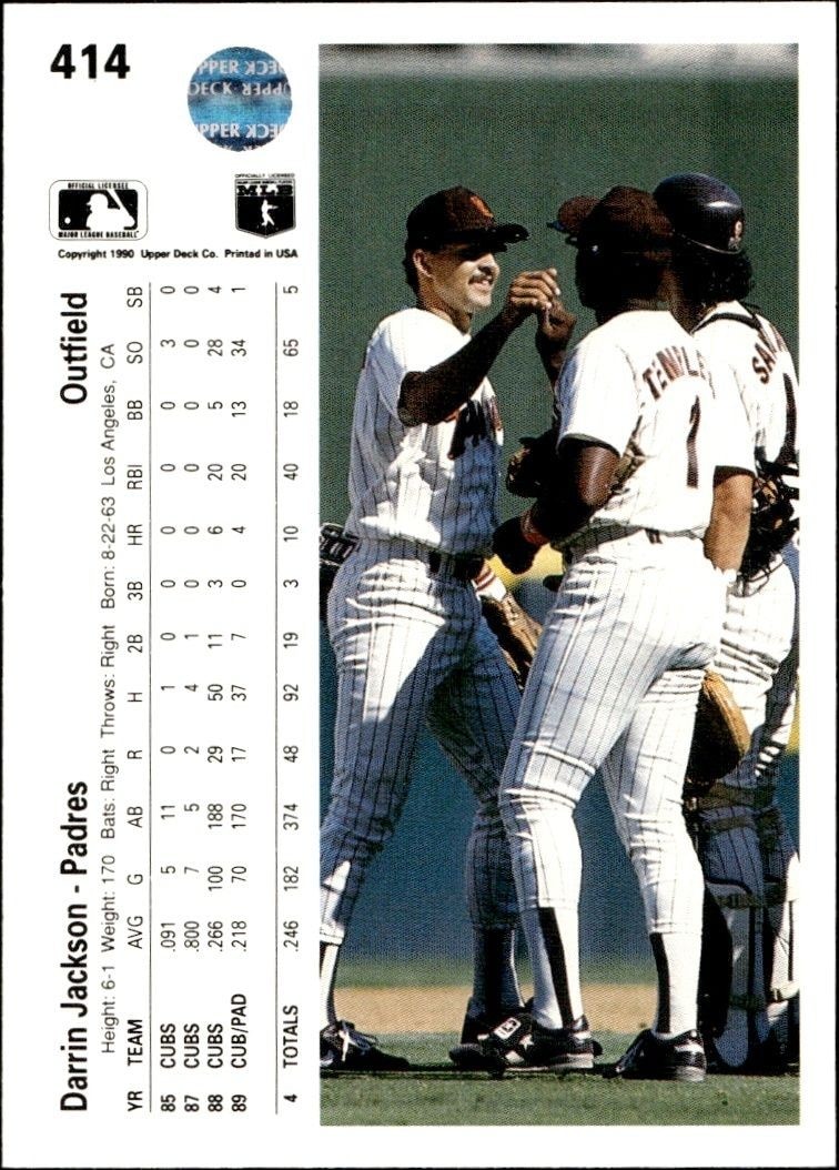1990 Upper Deck Low Number Darrin Jackson #414 baseball trading card back