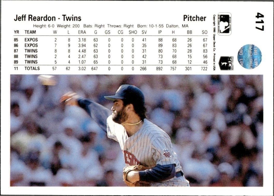 1990 Upper Deck Low Number Jeff Reardon #417 baseball trading card back