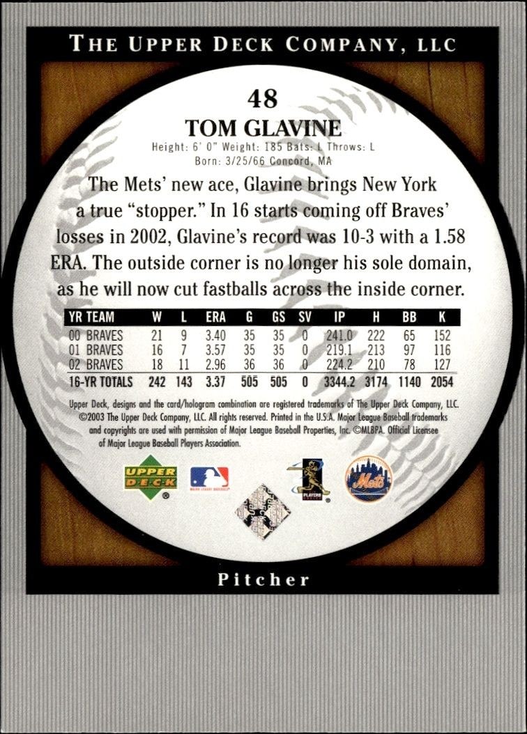 2003 Upper Deck Standing O! Tom Glavine #48 baseball trading card back