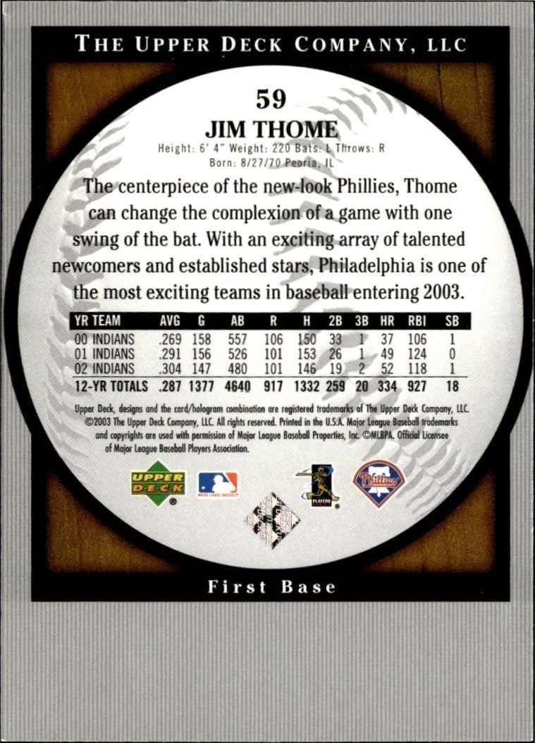2003 Upper Deck Standing O! Jim Thome #59 baseball trading card back