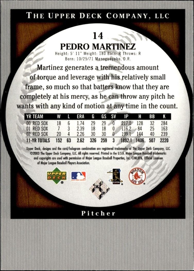 2003 Upper Deck Standing O! Pedro Martinez #14 baseball trading card back