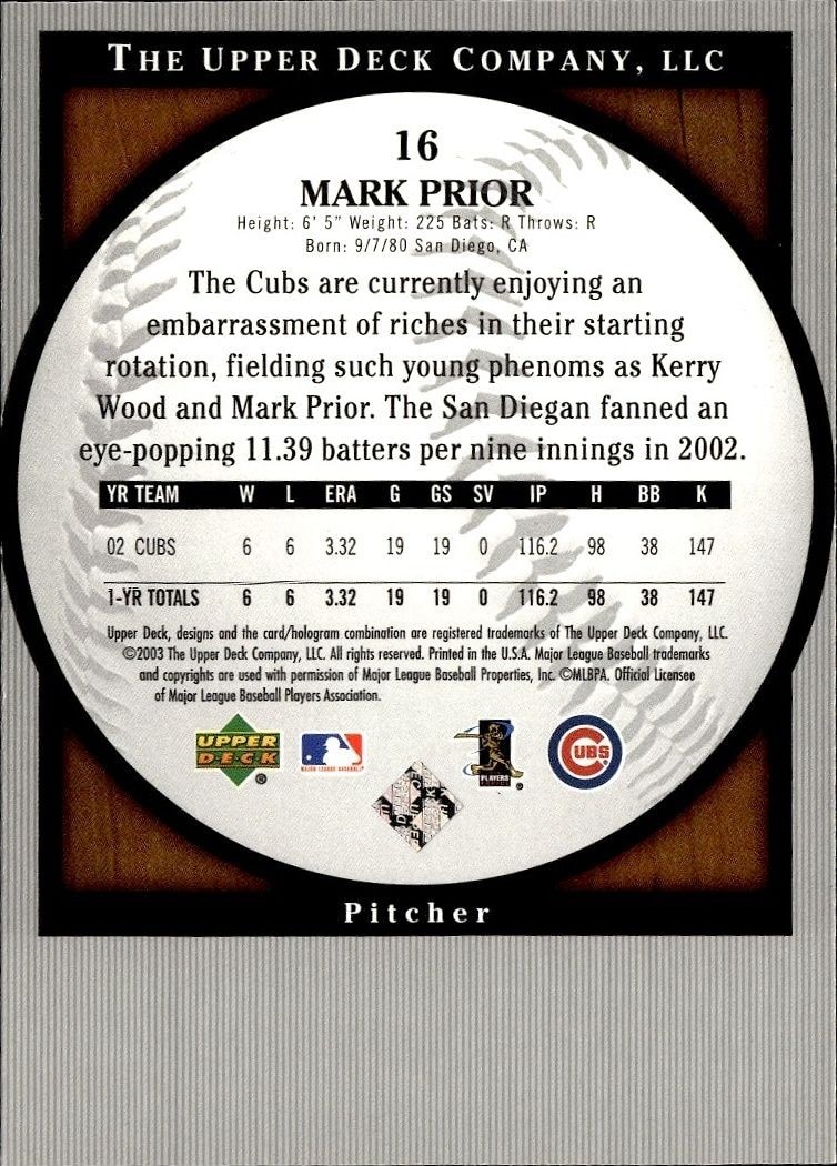 2003 Upper Deck Standing O! Mark Prior #16 baseball trading card back