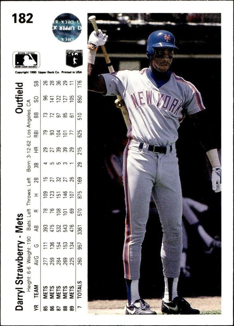 1990 Upper Deck Low Number Darryl Strawberry #182 baseball trading card back