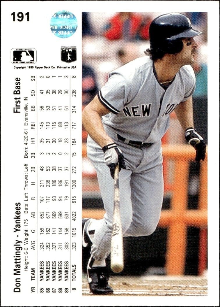 1990 Upper Deck Low Number Don Mattingly #191 baseball trading card back