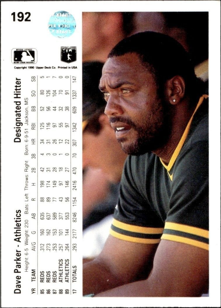 1990 Upper Deck Low Number Dave Parker #192 baseball trading card back
