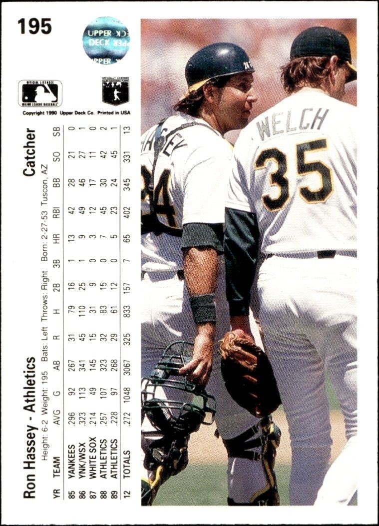 1990 Upper Deck Low Number Ron Hassey #195 baseball trading card back