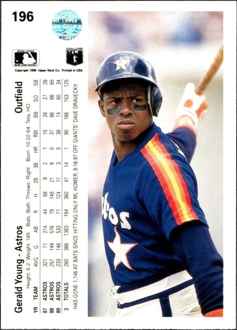 1990 Upper Deck Low Number Gerald Young #196 baseball trading card back