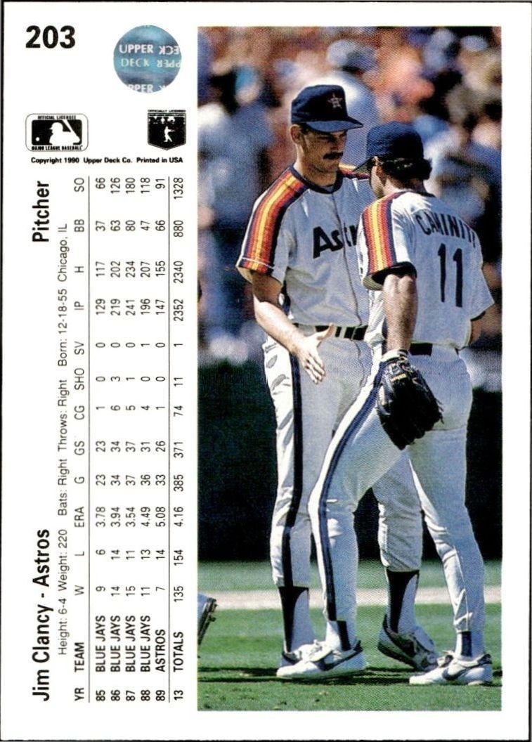 1990 Upper Deck Low Number Jim Clancy #203 baseball trading card back