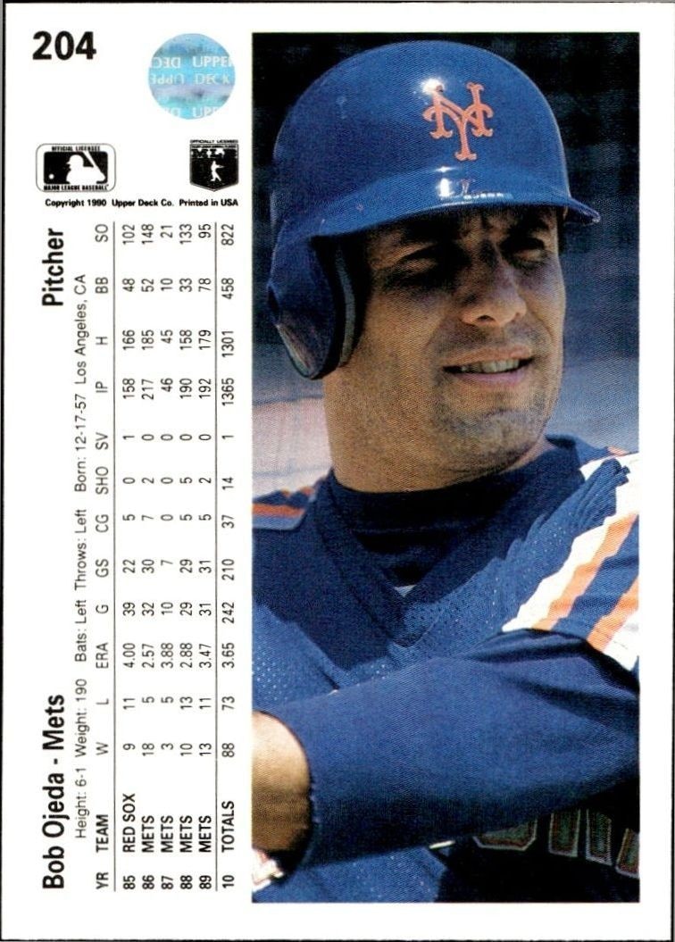 1990 Upper Deck Low Number Bob Ojeda #204 baseball trading card back