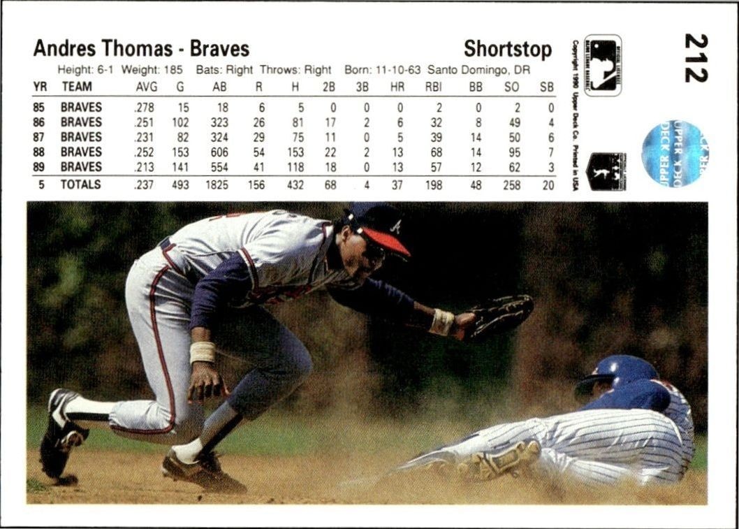 1990 Upper Deck Low Number Andres Thomas #212 baseball trading card back