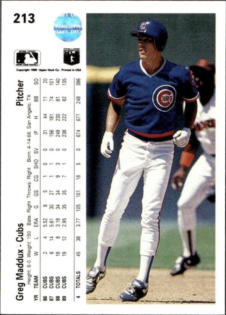 1990 Upper Deck Low Number Greg Maddux #213 baseball trading card back
