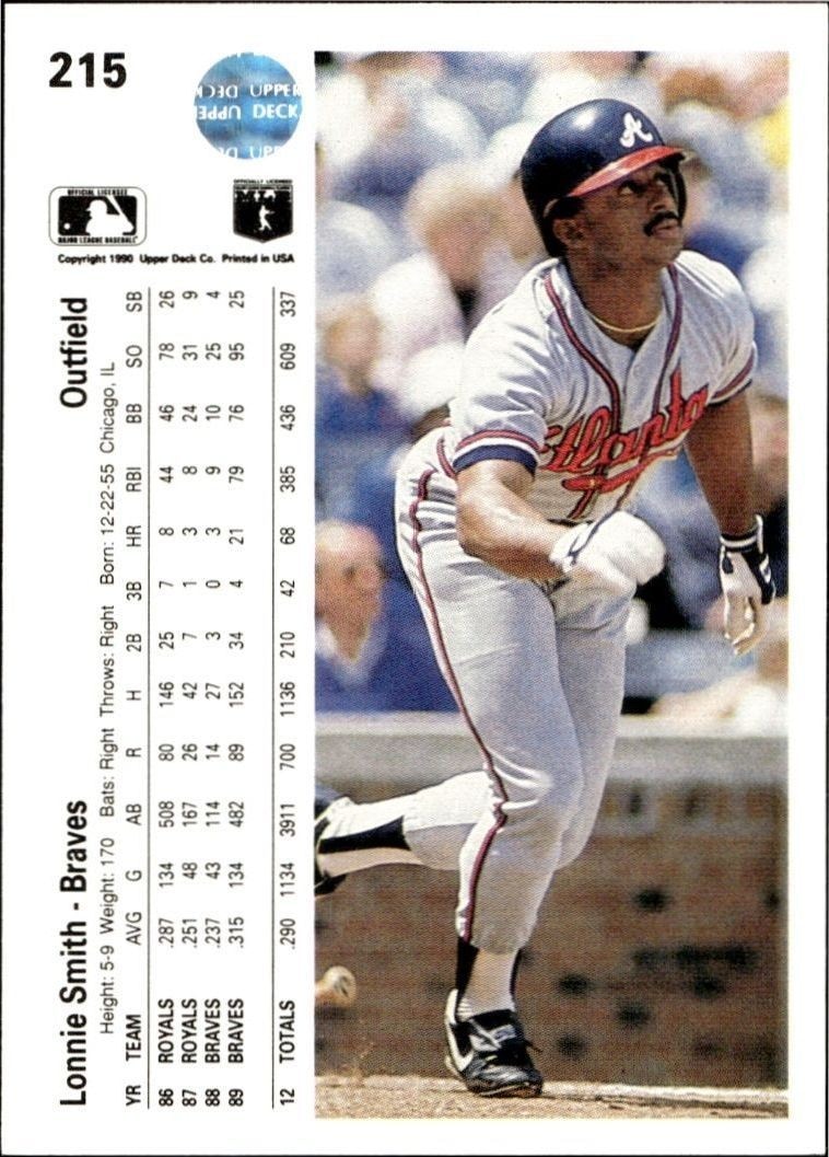 1990 Upper Deck Low Number Lonnie Smith #215 baseball trading card back