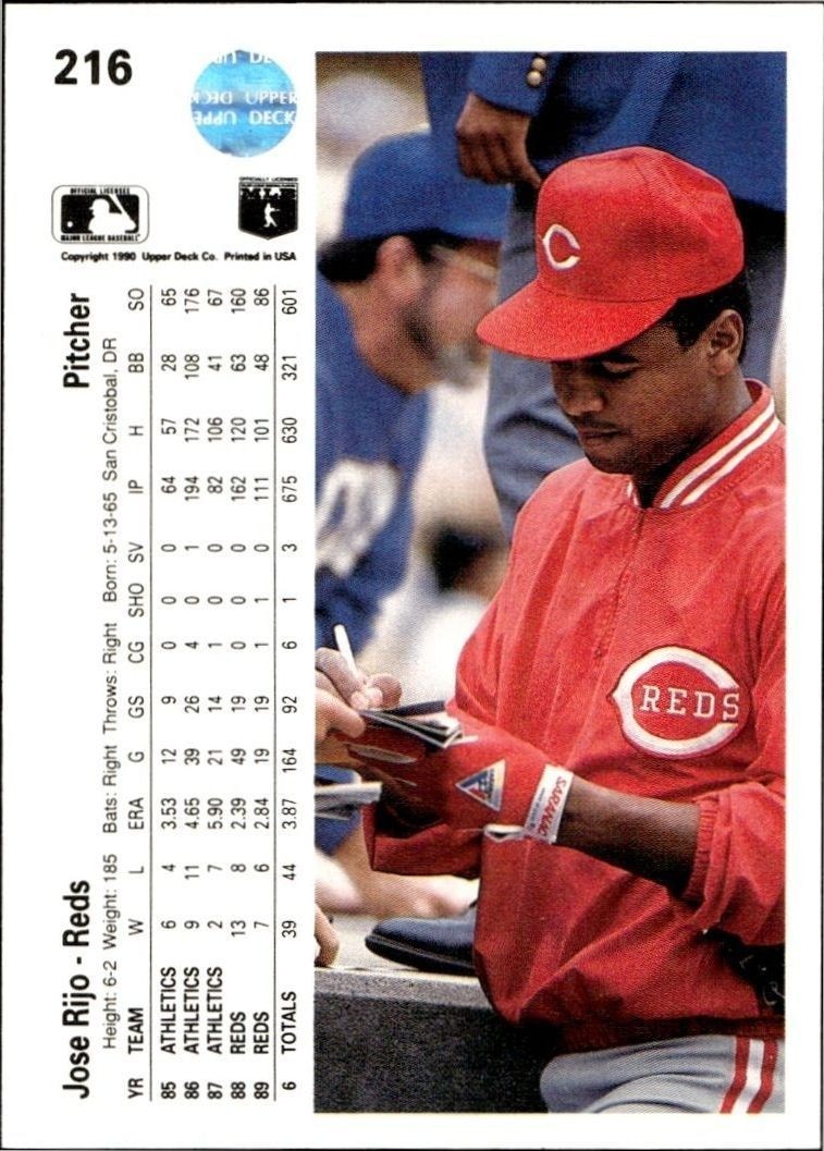 1990 Upper Deck Low Number Jose Rijo #216 baseball trading card back