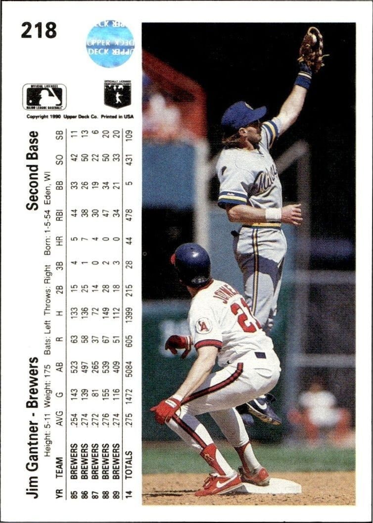 1990 Upper Deck Low Number Jim Gantner #218 baseball trading card back
