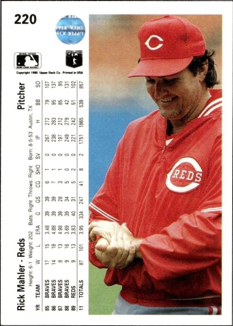 1990 Upper Deck Low Number Rick Mahler #220 baseball trading card back