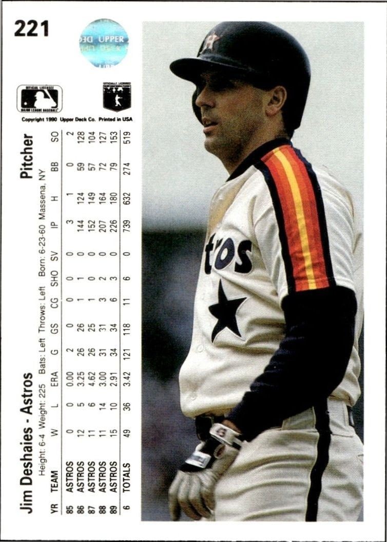 1990 Upper Deck Low Number Jim Deshaies #221 baseball trading card back