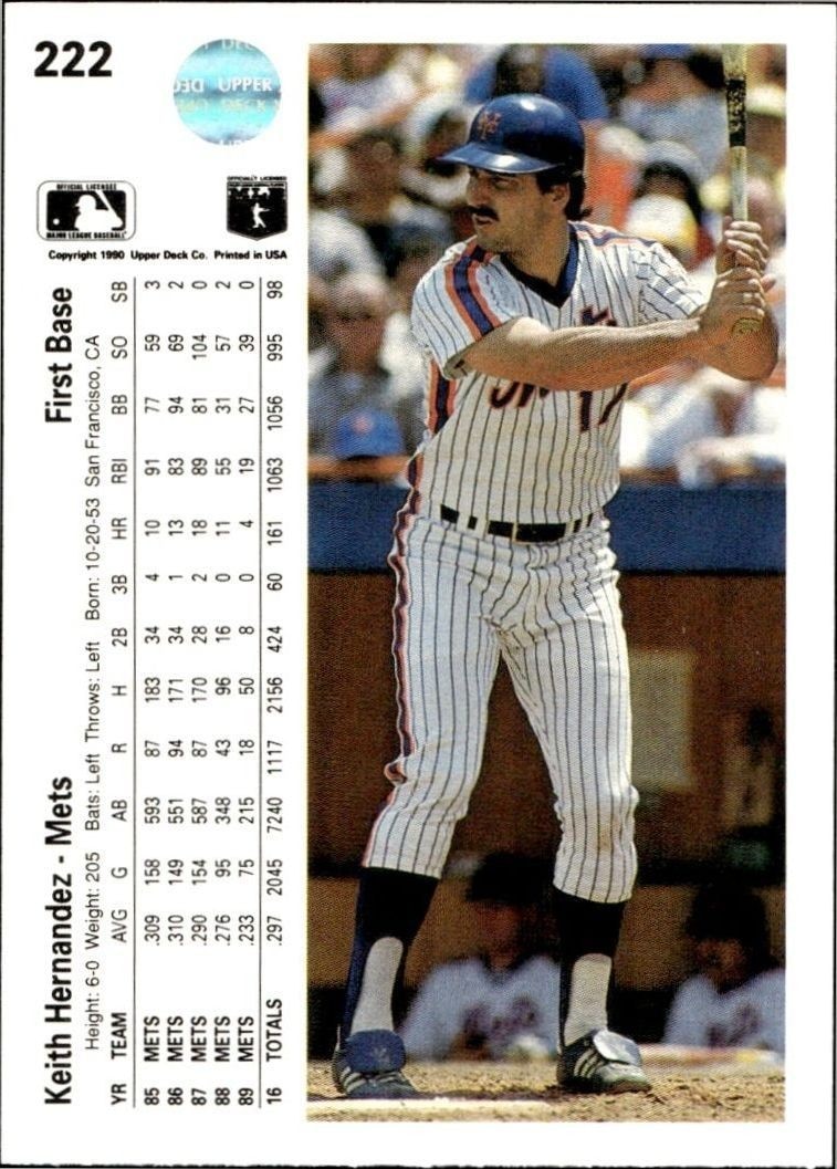 1990 Upper Deck Low Number Keith Hernandez #222 baseball trading card back
