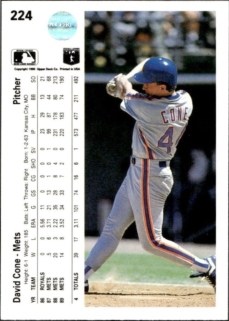 1990 Upper Deck Low Number David Cone #224 baseball trading card back