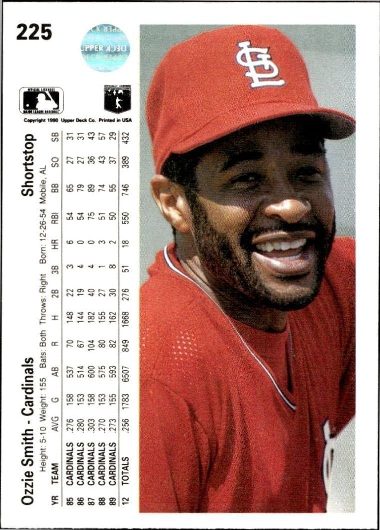 1990 Upper Deck Low Number Ozzie Smith #225 baseball trading card back
