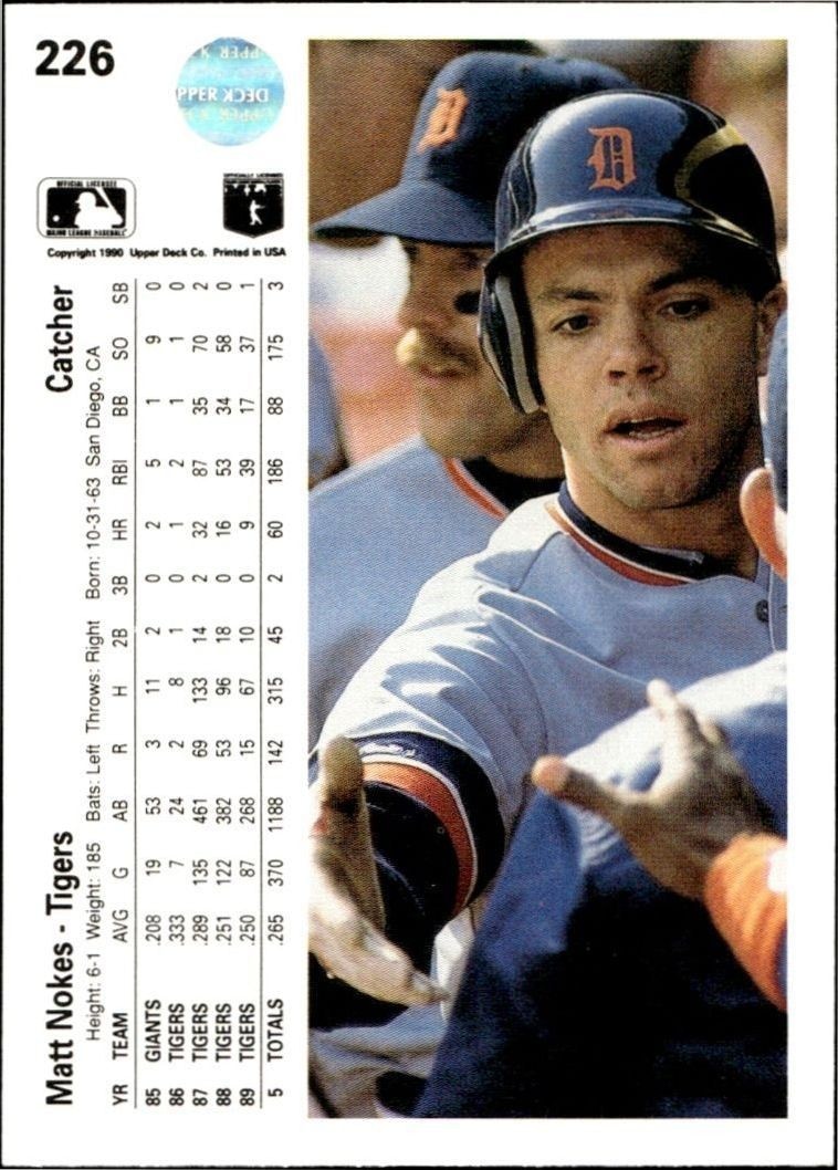 1990 Upper Deck Low Number Matt Nokes #226 baseball trading card back